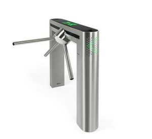 Catraca eletrônica tripé em aço inox com braços giratórios e indicador luminoso verde de liberação de passagem