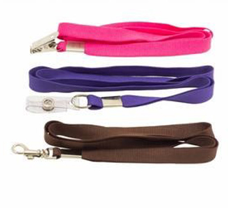 Cordões personalizados nas cores rosa, roxo e marrom com presilha jacaré