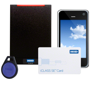 Leitora iCLASS SE da HID Global ao lado de cartão inteligente, chaveiro e smartphone com credencial móvel