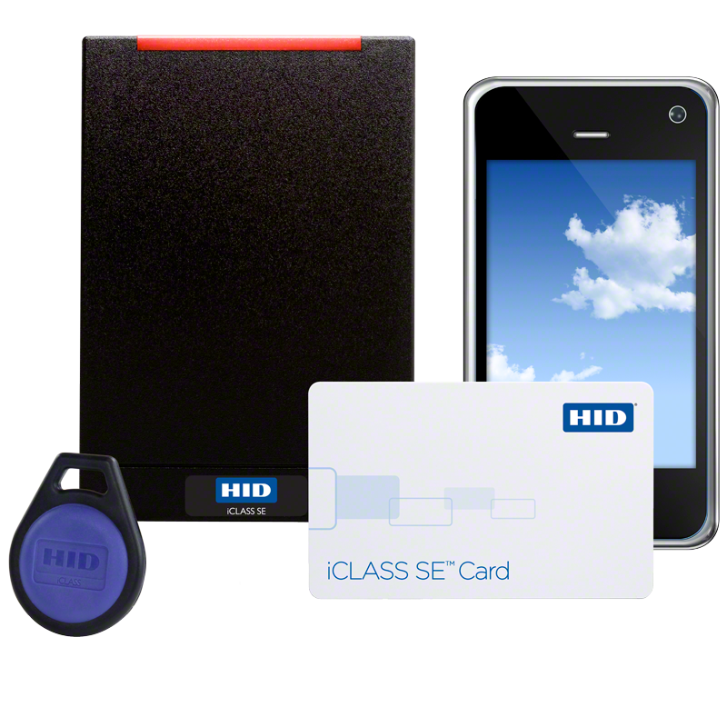Leitora iCLASS SE da HID Global ao lado de cartão inteligente, chaveiro e smartphone com credencial móvel