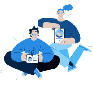 Ilustração de pessoas usando crachá de identificação em dispositivos móveis