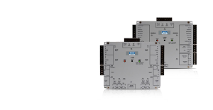 Duas placas controladoras HID VertX EVO, modelos V1000 e V2000, com bornes de conexão e LEDs indicadores