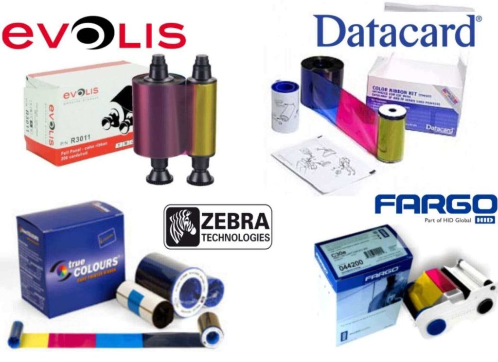 Logotipos e ribbons das marcas Evolis, Datacard, Zebra e Fargo